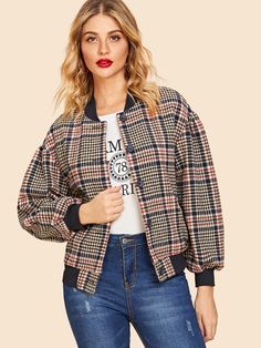 Plaid Button-up Office Outerwear, Trendy Plaid Button-up Outerwear, Office Button-up Houndstooth Outerwear, Office Houndstooth Pattern Button-up Outerwear, Baseball Jackets, Plaid Button-up Outerwear With Button Closure, Houndstooth Fabric, Sheepskin Jacket, Women Jackets