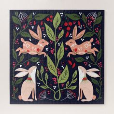 a painting with two rabbits and berries on the bottom, in front of a black background