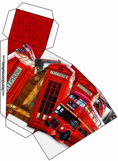 a red double decker bus sitting in the middle of a paper cutout with an image of london on it