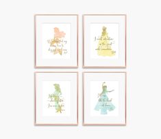 four disney princess silhouettes in pink and yellow with the words, i am not afraid to