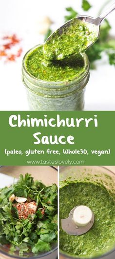 chimichurri sauce in a food processor with ingredients to make it and how to use it