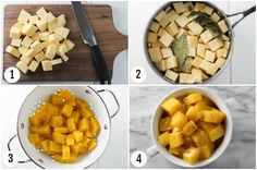 four pictures showing how to cut and dice potatoes