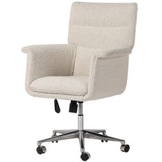 a white office chair with wheels and casteors on an isolated white background, viewed from the front