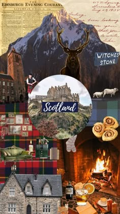 the collage shows different scenes from scotland, including mountains and buildings with animals on them