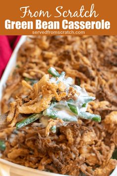 a casserole dish with green beans, onions and sour kraut in it