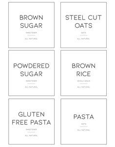 four different types of labels with the words brown sugar, powdered sugar, and gluten free pasta