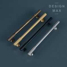 three different types of metal handles on a gray background with the words design max above them