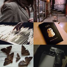 a collage of photos with moths and books