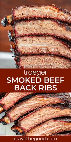 smoked beef ribs stacked on top of each other with text overlay that reads tracer smoked beef back ribs