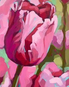 a painting of pink tulips on a green background