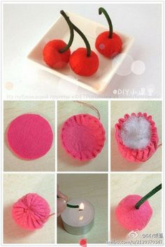 the instructions to make a cherries in pink and white yarn are displayed on a plate