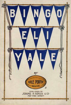 an old poster with pennants hanging from it's sides in blue and white