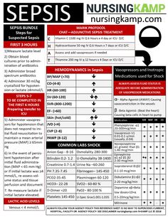 Sepsis Bundle from nursingkamp.com clinical Book! 1)Measure lactate level 2) Obtain blood cultures prior to administration of antibiotics 3) Administer broad spectrum antibiotics 4) Administer 30 ml/kg crystalloid for hypotension or lactate ≥4mmol/L Memes Nursing, Nurses Notes, Nursing Pictures, Nursing Assessment, Funny Nursing, Surgical Nursing, Medical Surgical Nursing