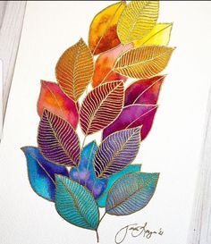 a painting of colorful leaves on white paper