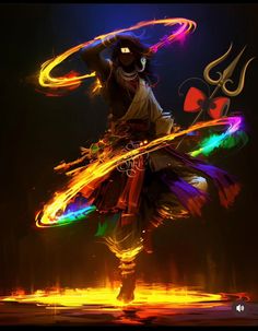 a woman dancing with colorful lights on her body and hair blowing in the wind,