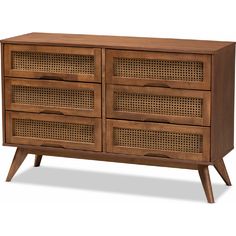 the sideboard is made from wood and has wicker panels on it, as well as two drawers