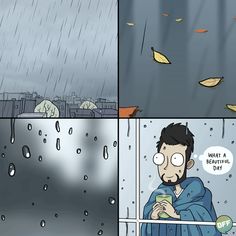 a comic strip with an image of a man in the rain