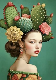 a painting of a woman with flowers in her hair and cactuses on her head