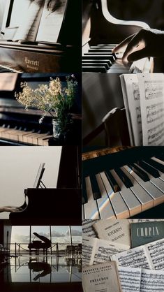 a piano and some sheet music are shown in this collage, with one being an upright grand piano