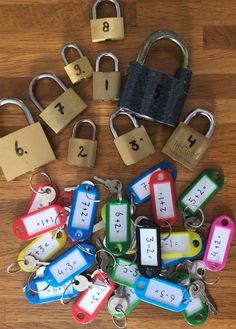 several keys with numbers on them and padlocks attached to the locks are shown