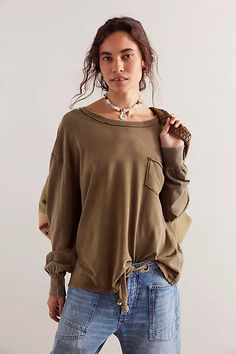 Just as effortless as it is essential, this timeless tee is featured in a staple, long sleeve silhouette with distressed seaming throughout for a true lived-in look. Fit: Slouchy, relaxed fitFeatures: Scoop neckline, front bust patch pocket, dropped shouldersWhy We <3 It: So cool and classic, this throw-on-and-go tee is the perfect piece to take you from season to season. 100% cotton Yoga Jeans, Free People Summer, Sleeve Silhouette, Cardigan Top, Dressy Tops, New Tops, Swimwear Accessories, Swimwear Tops, Fashion Tees