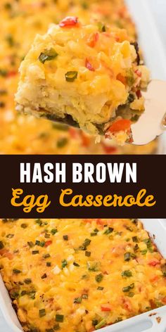 hashbrown egg casserole in a white dish with a spoon