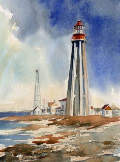 a watercolor painting of a lighthouse on the beach