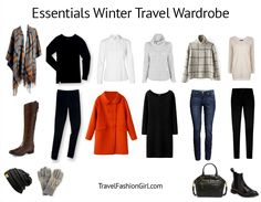 an assortment of women's winter travel wardrobes with text overlay that reads essential items for traveling