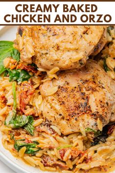 This creamy baked chicken and orzo is the ultimate one pot meal! Featuring juicy Italian chicken thighs, orzo, sun-dried tomatoes, and artichokes, this flavorful dish comes together in 30 minutes. Make this easy chicken orzo bake for a busy weeknight or a comforting family dinner! Baked Chicken And Orzo, Orzo Creamy, Chicken Orzo Bake, Creamy Baked Chicken, Orzo Bake, Sausage And Potatoes Skillet, Chicken And Orzo, Orzo Recipe, Chicken Orzo