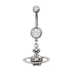 a silver colored belly ring with a clock on the front and an arrow in the middle