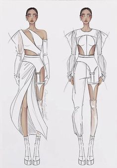 two sketches of dresses with cutouts on the front and back, one in white