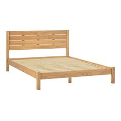 a wooden bed frame with slatted headboard and foot board