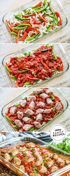 four glass casserole dishes filled with meat and vegetables