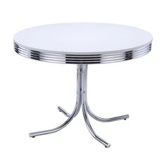 a round white table with chrome legs on an isolated white background, viewed from the front