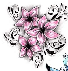 purple flowers and butterflies with swirls on the side of their bodies are featured in this tattoo design