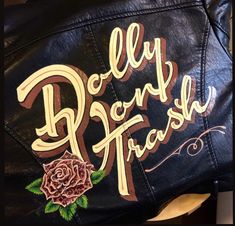 #leatherjacket #handpaintedjacket #handpaintedsigns #handlettering #type Hand Painted Leather Jacket, Gold Leaf Signs, Painted Leather Jacket, Welding Shop, Wedding Chalkboard Signs, Event Sign, Pen Design, Retail Signs, Script Lettering