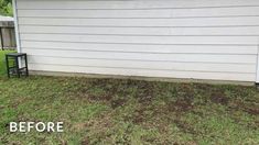 before and after pictures of a lawn mowed in front of a house with grass growing on the ground