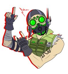 a drawing of a man in a gas mask holding his hand up to the side