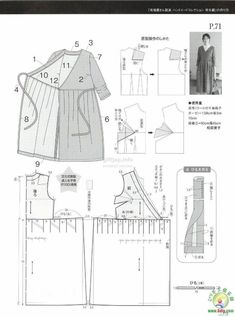 the sewing pattern for a women's dress is shown in english and japanese text