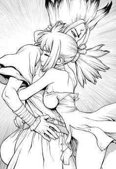 two anime characters hugging each other in black and white