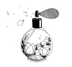 an ink drawing of a perfume bottle with flowers in the water and bubbles coming out of it