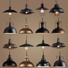 an assortment of different types of lights hanging from the ceiling in various styles and colors