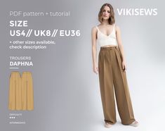 a woman wearing wide legged pants and a white top with the words, size us2 / uk6 / eu34 check description