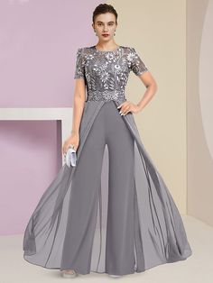 Jumpsuit / Pantsuit Mother of the Bride Dress Wedding Guest Elegant Jewel Neck Ankle Length Stretch Chiffon Short Sleeve with Lace Pleats 2024 2024 - $155.99 Bride Pantsuit, Formal Wedding Guests, Two Piece Jumpsuit, Sequin Appliques, فستان سهرة, Mothers Dresses, Mother Of The Bride Dress, Chiffon Lace, Print Chiffon