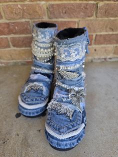 Custom denim boots, denim & pearls. Boots are adorned with pearls, lace, denim & bling. You will receive a pair of gently worn short  boots. No two boots are exactly the same but I try to get as close to pic as possible. Each design will be unique Denim And Pearls, Boots Denim, Vintage Cowboy Boots, Custom Denim, Denim Boots, Vintage Cowboy, Winter Snow Boots, Shoe Art, Be Unique