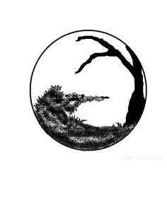 a black and white drawing of a tree in the middle of a circle with an alligator on it