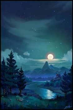 a night scene with the moon and stars in the sky above trees, water and mountains