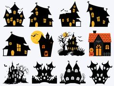 a set of halloween houses with bats and pumpkins