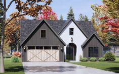 this is an artist's rendering of a house in the woods with two garages