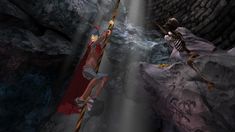 an animated scene of two people in the cave, one holding a spear and another standing on a rock